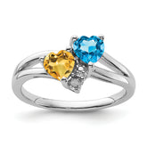 Sterling Silver Rhodium Blue Topaz & Citrine Diam. Ring